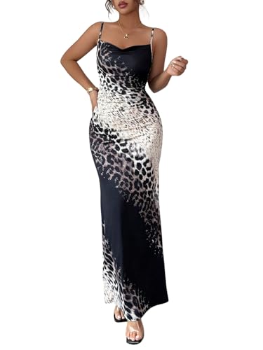 SweatyRocks Kleid Damen Elegant Maxikleid mit Schlitz Ärmellos Leo Kleid Spaghettiträger Partykleid Bodycon Abendkleid mit Leopard Muster Festival Beige und Schwarz S von SweatyRocks