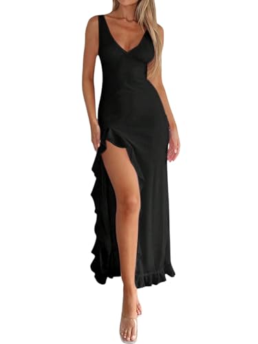 SweatyRocks Kleid Damen Lang Elegant Ärmellose Kleider A Linien Trägerkleid V-Ausschnitt Partykleid mit Schlitz Hochzeitsgast Kleid Schwarz M von SweatyRocks