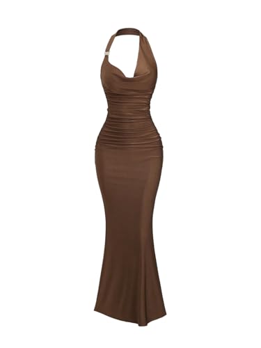 SweatyRocks Kleid Damen Lang Maxikleid Elegant Neckholder Kleid Figurbetont Partykleid Rückenfreie Kleider Bodycon Bleistiftkleid mit Fishtail Braun S von SweatyRocks