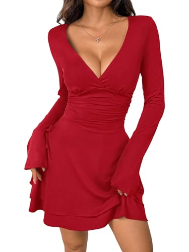 SweatyRocks Kleid Damen Langarm A Linie Kleider Herbstkleid Minikleid Elegant Freizeitkleid Shortkleid mit Tiefer V Ausschnitt Kutz Langarmkleid Rot XS SweatyRocks Kleid Damen Langarm A Linie Kleider Herbstkleid Minikleid Elegant Freizeitkleid Shortkleid mit Tiefer V Ausschnitt Kutz Langarmkleid Rot XS von SweatyRocks
