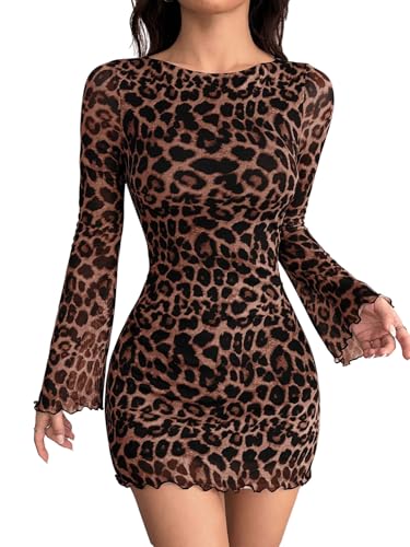 SweatyRocks Kleid Damen Langarm Leo Kleid Y2K Minikleid Leopardenmuster Mesh Langarmkleid Leprint Kleider Bodycon Partykleid mit Glockenärmeln Leoparden S von SweatyRocks