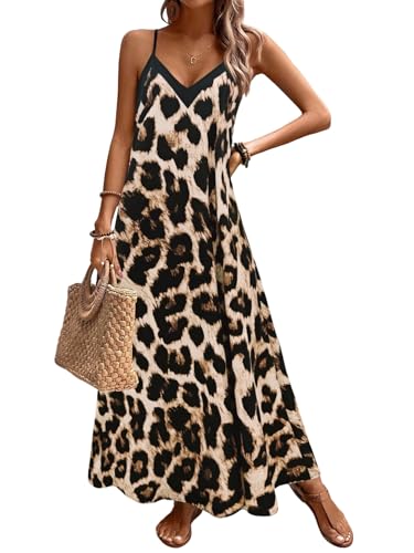 SweatyRocks Kleid Leoprint Damen Lang Trägerkleid Maxikleid Sommer Strandkleider Spaghettiträger Kleid Leo Sommerkleid V Ausschnitt Maxikleider Leoparden XL von SweatyRocks