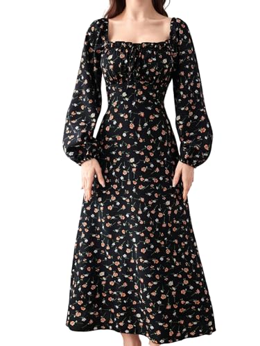 SweatyRocks Kleider Damen Elegant Maxikleid U Ausschnitt Langes Kleid Laternärmel Freizeitkleid mit Blumenmuster A Linie Blusenkleid Schwarz M von SweatyRocks