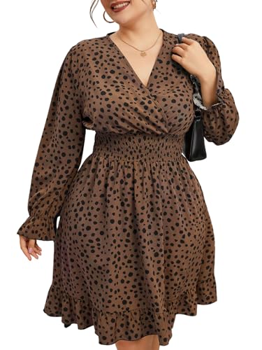 SweatyRocks Kleider Damen Große Größen Midikleid Elegant Leo Print Abendkleid Langarm V Ausschnitt Freizeitkleid Rüschensaum Casualkleid Kaffeebraun 3XL von SweatyRocks