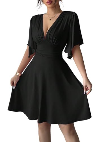 SweatyRocks Kleider Hochzeitsgast Damen Kurz Elegantes Sommerkleid Minikleid Rüschenkleid Mit V-Ausschnitt Partykleid Partykleid Schwarz M von SweatyRocks