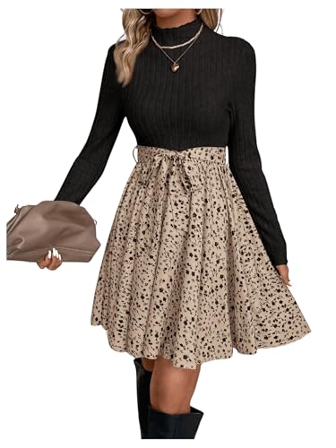 SweatyRocks Langarm Kleid Damen Elegant A Linie Kleid Mit Blumen Strickkleid Winter Kleid Mit Gürtel Farbblock Kleid Blusenkleid Mit Stehkragen Khaki S von SweatyRocks