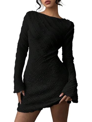 SweatyRocks Langarm Kleid Damen Elegant Minikleid Rückenfreie Kleider Mit Textur Kleid Hochzeitsgast Winter Party Kleider Hochzeitsgast Outfit Schwarz XS von SweatyRocks