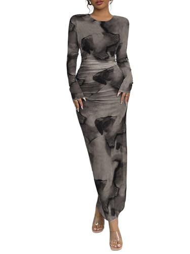 SweatyRocks Langarm Kleid Damen Elegant Rundhals Kleider Bodycon Maxikleid Figurbetontes Partykleid Freizeitkleid Langes Kleid mit Farbverlauf Grau M von SweatyRocks