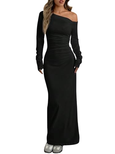 SweatyRocks Langarm Kleid Damen Elegant Schulterfreie Kleider Maxikleid mit Asymmetrisch Figurbetonte Partykleid Bodycon Freizeitkleid Schwarz M von SweatyRocks