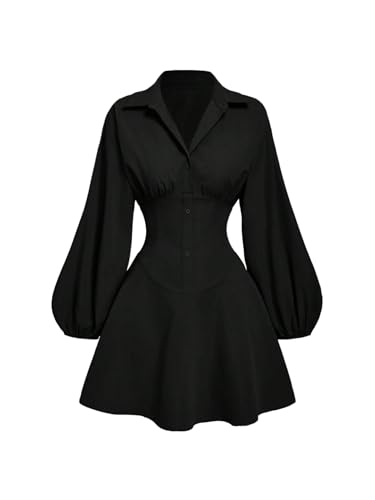 SweatyRocks Langarm Kleid Damen Hemdblusenkleid A Linie Herbstkleid Gothic Kleid Kurz Minikleid Mit Knöpfen Winterkleid Blusenkleid Schwarz M von SweatyRocks
