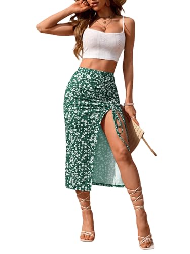 SweatyRocks Langer Rock Damen Sommer Mit Schlitz Zweiteiler Mit Blumen Rock Und Top Set 2 Teiler Boho Crop Top Mit Rock Set Sommer Outfit Dunkelgrün XS von SweatyRocks