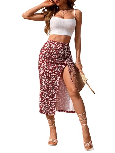 SweatyRocks Langer Rock Damen Sommer Mit Schlitz Zweiteiler Mit Blumen Rock Und Top Set 2 Teiler Boho Crop Top Mit Rock Set Sommer Outfit Rot S von SweatyRocks