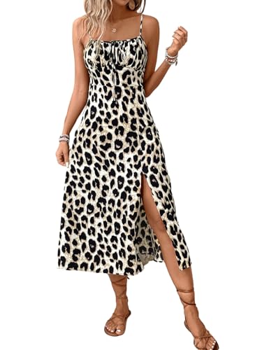 SweatyRocks Leichtes Sommerkleid Damen Lang Leoparden Kleid Sexy Kleid Mit Schlitz Sommer Rüschenkleid Strandkleid Maxikleid Leo Trägerkleid Aprikosenfarben L von SweatyRocks