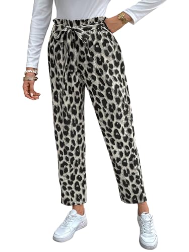 SweatyRocks Leo Hose Damen Weit Lockere Hosen Sommer 7/8 Damenhose Mit Gummizug Weite Hose Locker Elegante Damenhose Mit Gürtel Strandhose Grau M von SweatyRocks