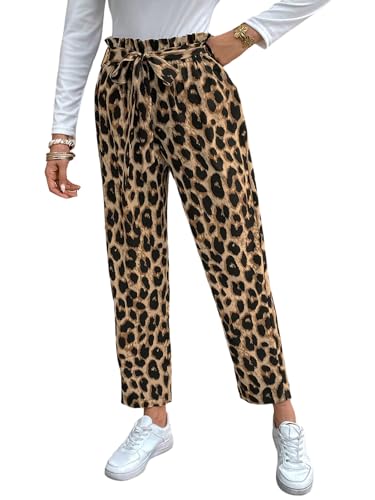 SweatyRocks Leo Hose Damen Weit Lockere Hosen Sommer 7/8 Damenhose Mit Gummizug Weite Hose Locker Elegante Damenhose Mit Gürtel Strandhose Kaffeebraun M von SweatyRocks