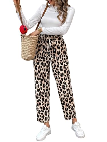 SweatyRocks Leo Hose Damen Weit Lockere Hosen Sommer 7/8 Damenhose Mit Gummizug Weite Hose Locker Elegante Damenhose Mit Gürtel Strandhose Leo L von SweatyRocks