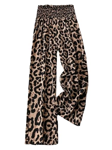 SweatyRocks Leo Hose Damen Weite Musselin Hosen Elegante Hose Mit Leoprint Plisseehose Lockere Hosen Damenhose Mit Gummizug Freizeithose Leoparden L von SweatyRocks