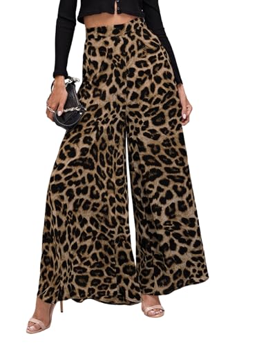 SweatyRocks Leo Hose Weites Bein Damen Wide Leg Hose Mit Leo Print Damenhose Elegant Lockere Hosen Freizeithose Winterhose Business Outfit Leoparden L von SweatyRocks