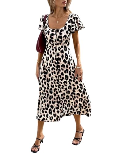 SweatyRocks Leo Kleid Damen Elegant Blusenkleid Lang A Linie Kleid Mit Schlitz Sommer Hemdblusenkleid Maxikleid Hochzeitsgast Elegantes Outfit Leo XS von SweatyRocks