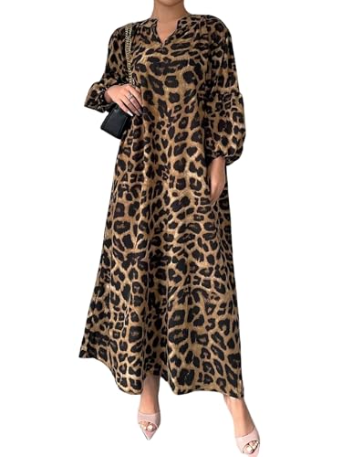SweatyRocks Leo Kleid Damen Herbst Maxikleid Langarm Leoparden Tunika Kleid Damenkleider Elegant Winterkleider Langes Herbstkleid Leoparden M von SweatyRocks