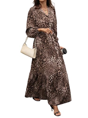 SweatyRocks Leo Kleid Damen Langarm Maxikleid Leoparden Kleid Lang Blusenkleid Mit Knöpfen Winterkleider Herbstkleid Elegante Kleider Leoparden S von SweatyRocks