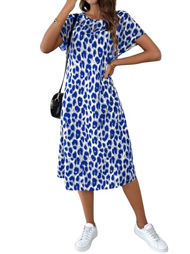 SweatyRocks Leo Kleid Damen Sommer Blusenkleid Lang Tshirt Kleid Mit Leo Print Midikleid Tunikakleid Sommerkleid Festival Outfit Blau M von SweatyRocks