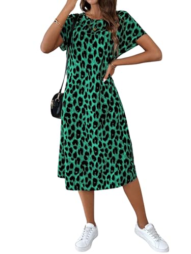 SweatyRocks Leo Kleid Damen Sommer Blusenkleid Lang Tshirt Kleid Mit Leo Print Midikleid Tunikakleid Sommerkleid Festival Outfit Grün XL von SweatyRocks