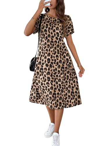SweatyRocks Leo Kleid Damen Sommer Blusenkleid Lang Tshirt Kleid Mit Leo Print Midikleid Tunikakleid Sommerkleid Festival Outfit Leoparden L von SweatyRocks