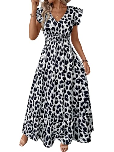 SweatyRocks Leo Kleid Damen Sommer Maxikleid Elegant Kleid Mit V Ausschnitt Festlich Sommerkleid A Linie Strandkleider Lang Rüschenkleid Schwarz und Weiß M von SweatyRocks