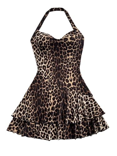 SweatyRocks Leo Kleid Damen Sommer Minikleid Neckholder Kleid Sommerkleid A Linie Elegant Partykleid Leoparden Kleider Mit Wasserfallausschnitt Leo M von SweatyRocks