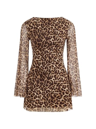 SweatyRocks Leoparden Kleid Damen Bodycon Kleider Rückenfrei Partykleid mit Shnürung Freizeitkleid Minikleid Leo Kleid mit Glockenärmel Leoparden XS von SweatyRocks
