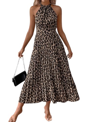 SweatyRocks Leoparden Kleid Damen Lang Neckholder Leo Kleid Maxikleid Elegant Cocktailkleid Hochzeitsgast Sommerkleid A Linie Faltenkleid Kaffeebraun S von SweatyRocks