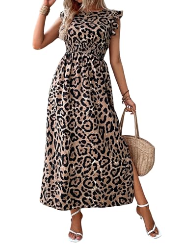 SweatyRocks Leoparden Kleid Damen Lang Sommerkleid Maxikleid Mit Leo Print Kleid Mit Schlitz Strandkleid Langes Rüschenkleid Blusenkleid Leoparden S von SweatyRocks