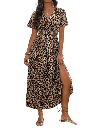 SweatyRocks Leoparden Kleid Damen Lang Wickelkleid Sommer Leo Maxikleid Elegant Kleid A Linie Sommerkleid Mit Schlitz Lange Kleider Leoparden L von SweatyRocks