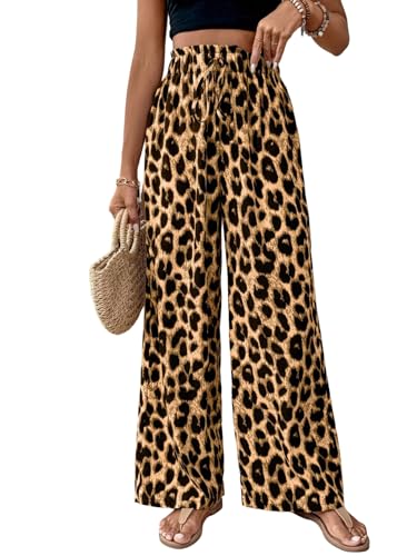 SweatyRocks Damen Weite Leo Hose Lange Hose Herbst Hose Mit Weitem Bein Freizeithose Mit Gummizug Gerade Hose Lange Lockere Hose Dunkles Khaki M von SweatyRocks