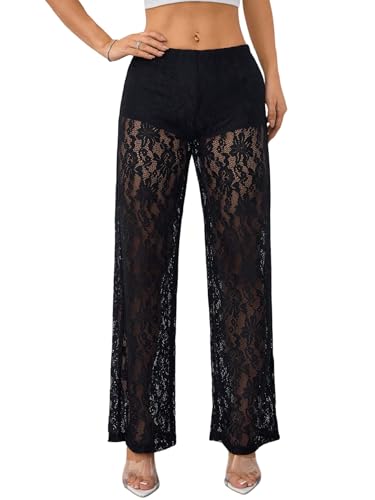 SweatyRocks Lockere Hosen Damen Sommer Durchsichtige Hose Festival Rave Outfit Sommerhose Leicht Und Luftig Spitzenhosen Weites Bein Schwarz M von SweatyRocks