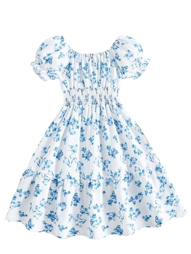 SweatyRocks Mädchen Kleid A Linie Sommerkleid Kurzarm Midikleid Geblümtes Kleid Freizeitkleid Blumenkleid mit Puffärmel Blau 10 Jahre von SweatyRocks