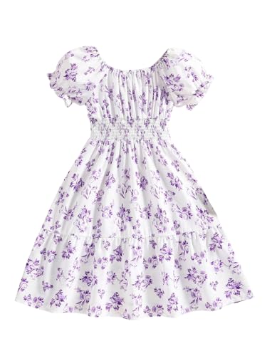 SweatyRocks Mädchen Kleid A Linie Sommerkleid Kurzarm Midikleid Geblümtes Kleid Freizeitkleid Blumenkleid mit Puffärmel Violett 9 Jahre von SweatyRocks