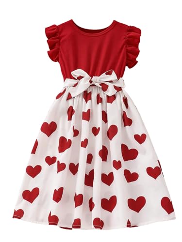 SweatyRocks Mädchen Kleid A Linie Sommerkleid Kurzarm Midikleid Knielang Kleid Freizeitkleid Skaterkleid mit Herzschnittmuster Rot 8 Jahre von SweatyRocks