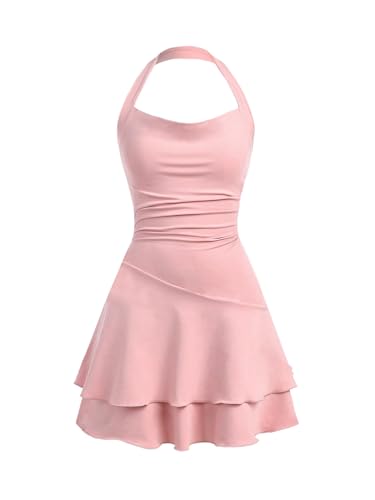 SweatyRocks Mädchen Kleid A Linie Sommerkleid Neckholder Kleider mit Rüschen Ärmelloses Mehrschichtiges Kleid Freizeitkleid Hell-Pink 9 Jahre von SweatyRocks
