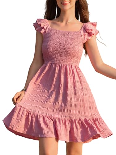 SweatyRocks Mädchen Kleid A Linie Sommerkleid Volant Ärmel Trägerkleid Elegant Mädchenkleider mit Rüschen U Ausschnitt Freizeitkleid Grau-Rosa 11 Jahre von SweatyRocks