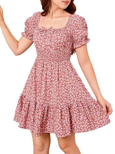 SweatyRocks Mädchen Kleid Blümchen Muster Kleider Boho Kurze Sommerkleider U Ausschnitt Mädchenkleider Kurzarm Blumenkleid Freizeitkleid Grau-Rosa 13 Jahre von SweatyRocks