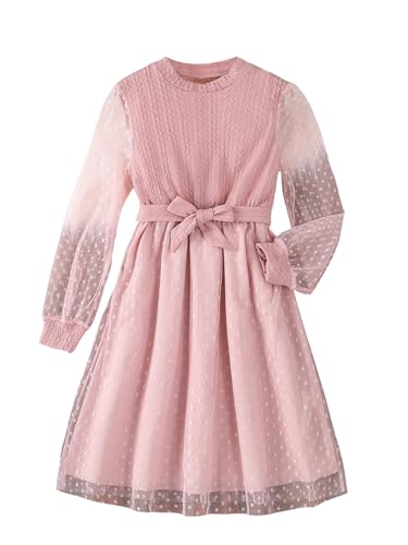 SweatyRocks Mädchen Kleid Langarm Kleider mit Gürtel Stehkragen Midikleid Kontrast Mesh Ärmel Mädchenkleider Kinder A Linie Partykleid Casualkleid Rosa 9 Jahre von SweatyRocks