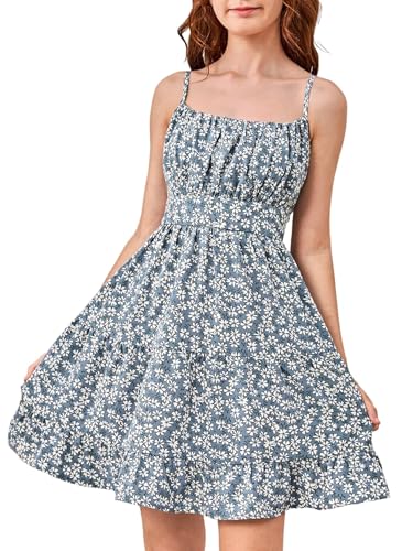 SweatyRocks Mädchen Kleid Spaghettiträger Sommerkleid Blümchenmuster Freizeitkleid Boho Mädchenkleider Kurze Kleider mit Rüschenbüste Blumenkleider Graublau 11 Jahre von SweatyRocks