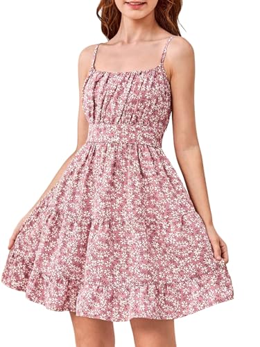 SweatyRocks Mädchen Kleid Spaghettiträger Sommerkleid Blümchenmuster Freizeitkleid Boho Mädchenkleider Kurze Kleider mit Rüschenbüste Blumenkleider Rosa 14 Jahre von SweatyRocks