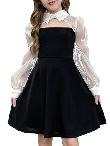 SweatyRocks Mädchen Kleider Langarmkleid Festliches Kleid Kinderkleid Rüschen A-Linie Partykleid Swingkleid Langärmeliges Kleid Schwarz 12 Jahre von SweatyRocks