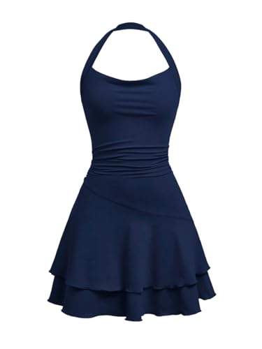 SweatyRocks Mädchen Neckholder Kleid A Linie Ärmelloses Freizeitkleid mit Rüschen Mehrschichtiges Kleider Halter Partykleid Dunkelblau 14 Jahre von SweatyRocks