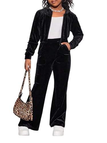 SweatyRocks Mädchen Zweiteiler 8-12 Jahre Sweatjacke Und Hose Sets Samt Winterjacke Und Jogginghose Mit Taschen 2 Teiler Herbst Outfits Teenager Schwarz 8 Jahre von SweatyRocks