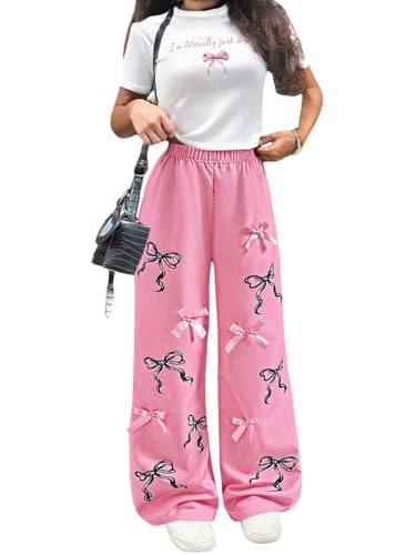 SweatyRocks Mädchen Zweiteiler 8-12 Jahre Top Und Hose Sets 2 Teiler Süße Tshirts Und Jogginghose Mit Schleife Herbst Outfits Teenager Rosa 11 Jahre von SweatyRocks