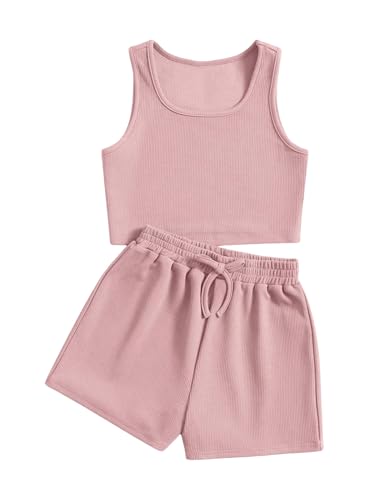 SweatyRocks Mädchen Zweiteiler Shorts und Top Sets 2 Piece Kurze Hose Tank Top Süß Kombi Zweiteilerset Sommer Outfit Hell-Pink 12 Jahre von SweatyRocks